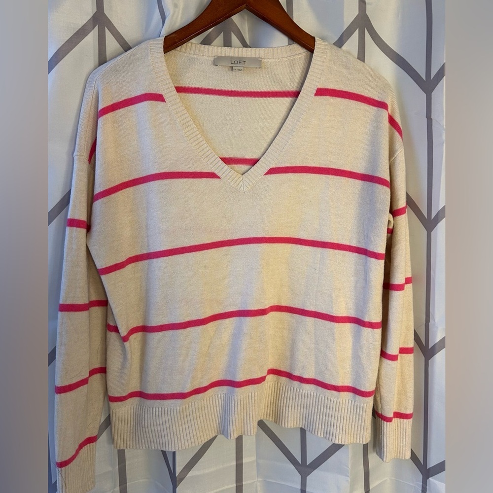 LOFT V-Neck Sweater with Cream and Pink Stripes